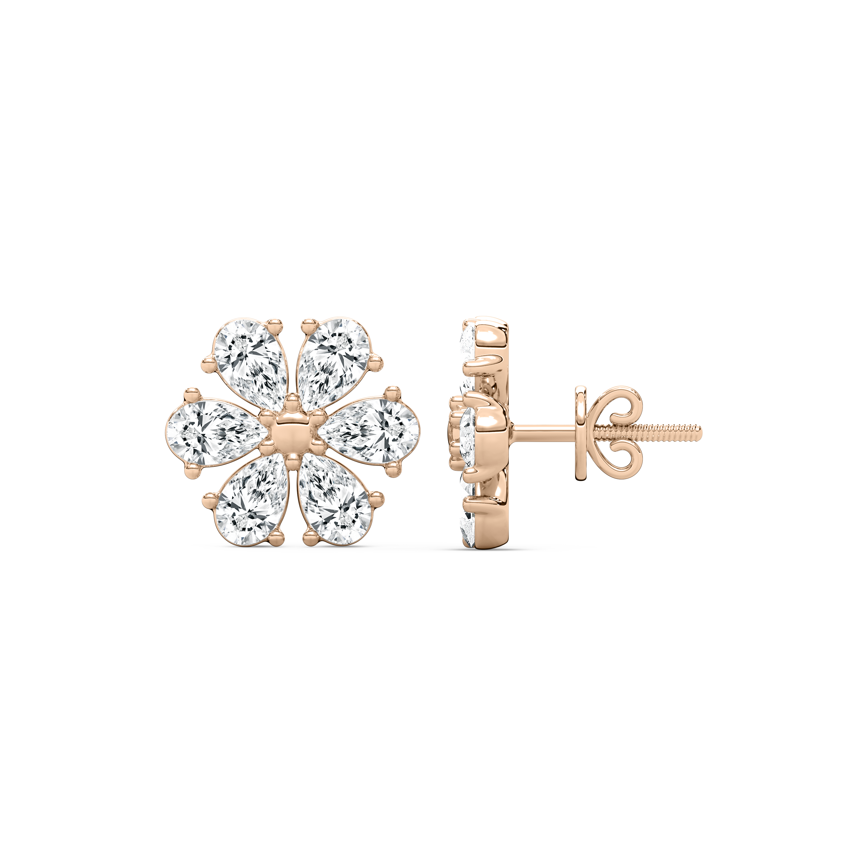 Pear Diamond Floral Flower Stud Earring (Without Chain)