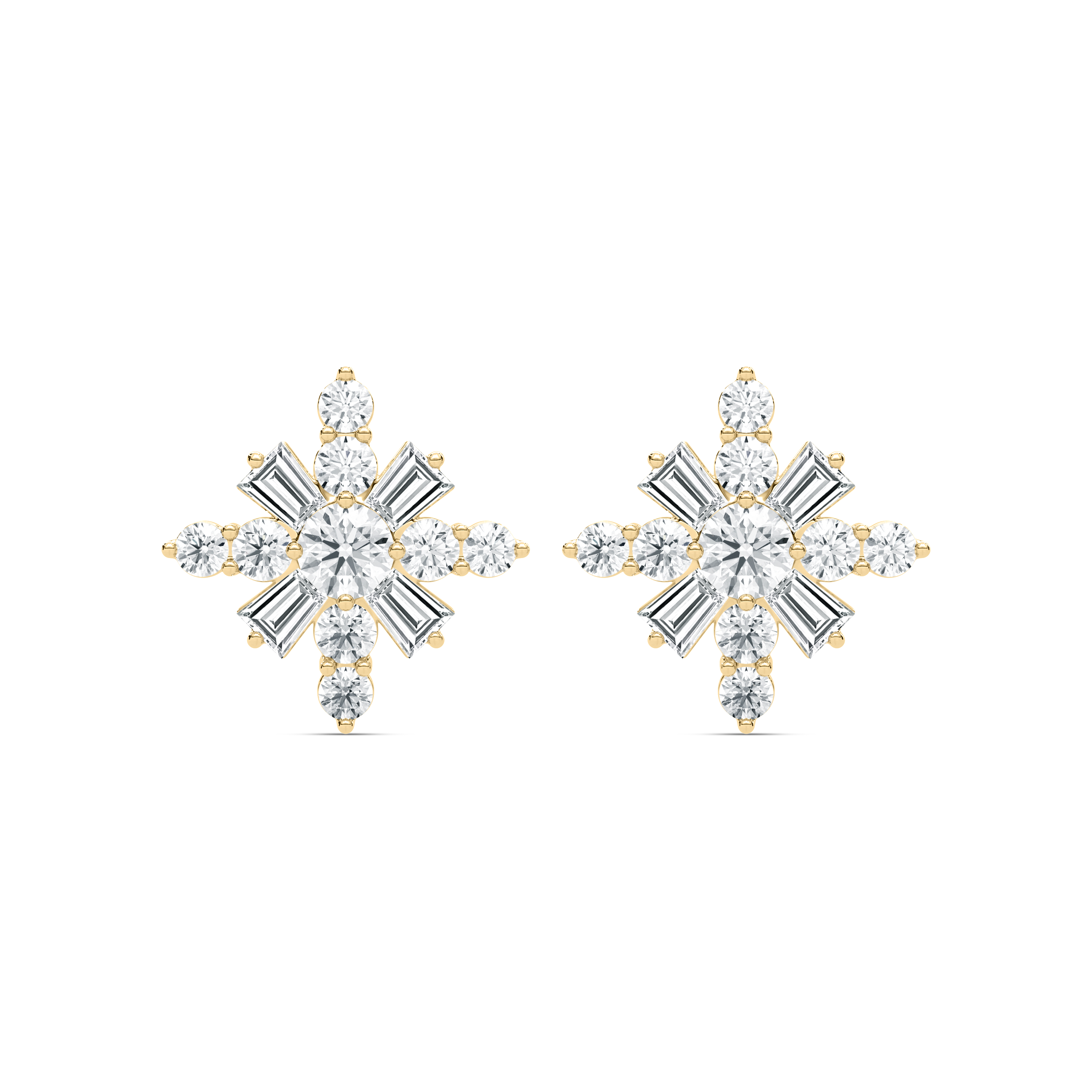 Round And Tapper Baguette Diamonds Snowflake Stud Earring