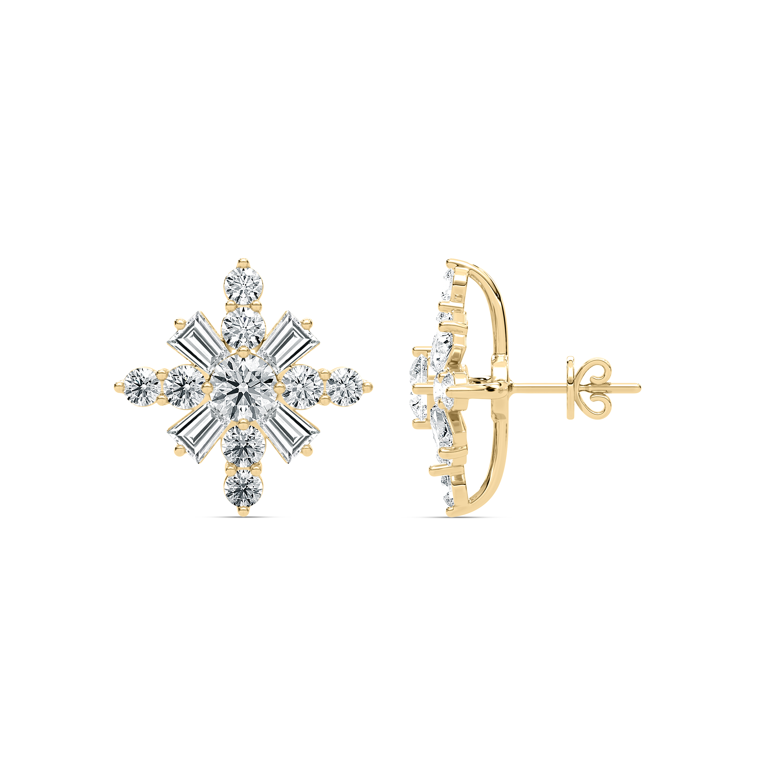 Round And Tapper Baguette Diamonds Snowflake Stud Earring
