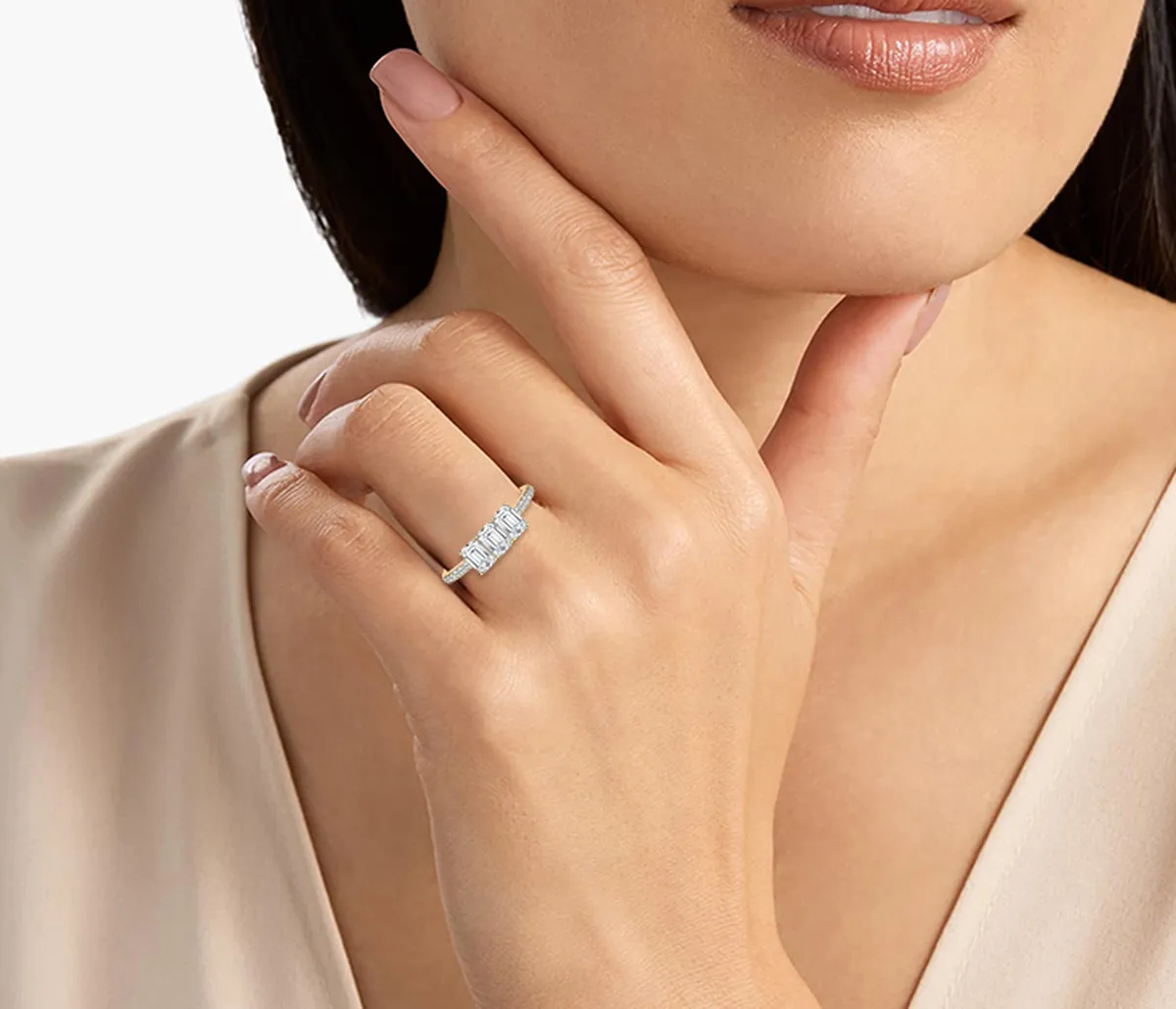 1.50 Carat Emerald And Round Diamond Angel Engagement Ring